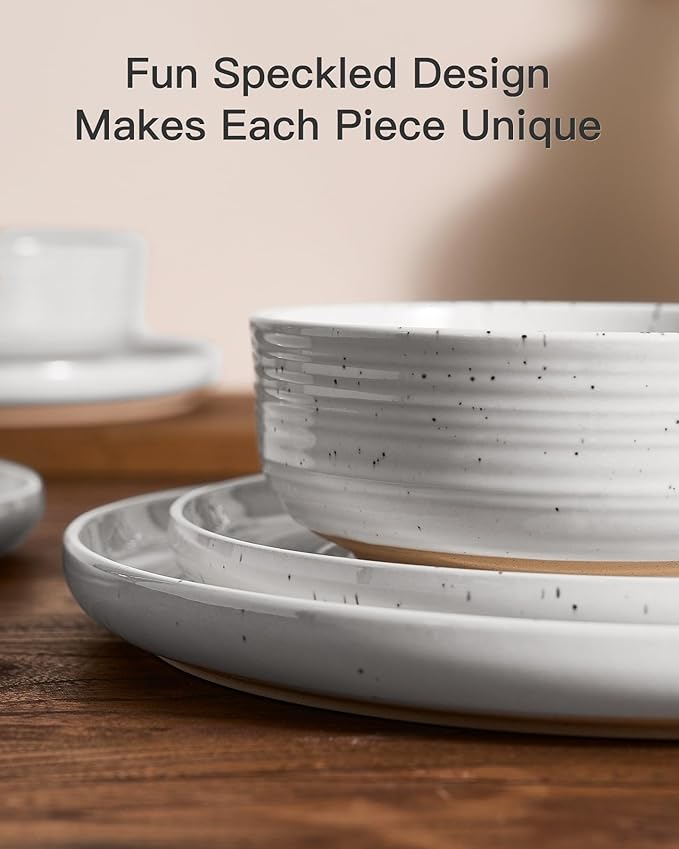 Stoneware Dinnerware Sets, Plate and Bowl Sets for 6, 18 Pieces Spiral Flared Dishware Set with Speckles & Reactive Glaze - Microwave and Dishwasher Safe Tableware, White