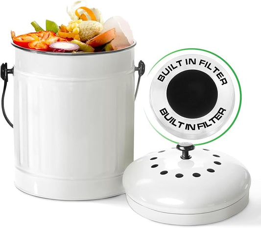 Plexon Countertop Compost Bin Kitchen with Lid, 1.5 Gallon Odorless Kitchen Compost Container, Steel Food Bucket with Charcoal Filter, Pail for Countertop, White