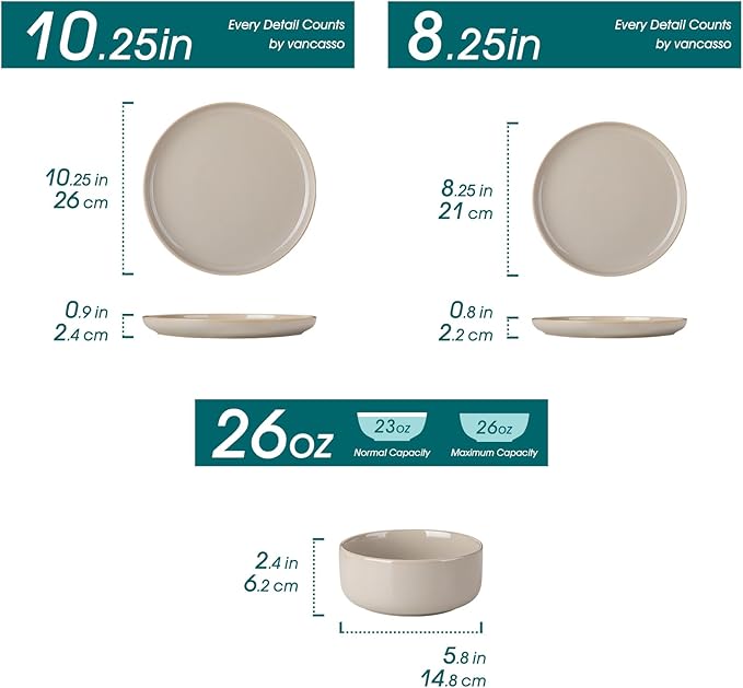 vancasso PLAYA Ceramic Plates and Bowls Sets,24 Pieces Grey Dinnerware Sets for Kitchen,Reactive Glaze Dishes Set for 8, Dishwasher and Microwave Safe