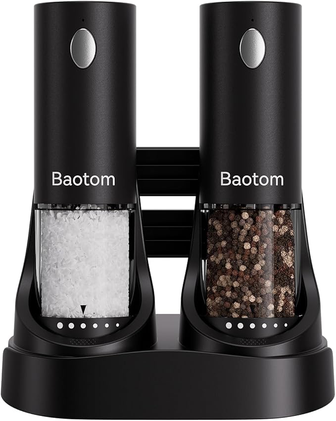 Electric Salt and Pepper Grinder Set with Dual Charging Base, 6 Adjustable Coarseness Levels & External Grind Settings, One-handed Operation Salt and Pepper Mills with LED Light,Black