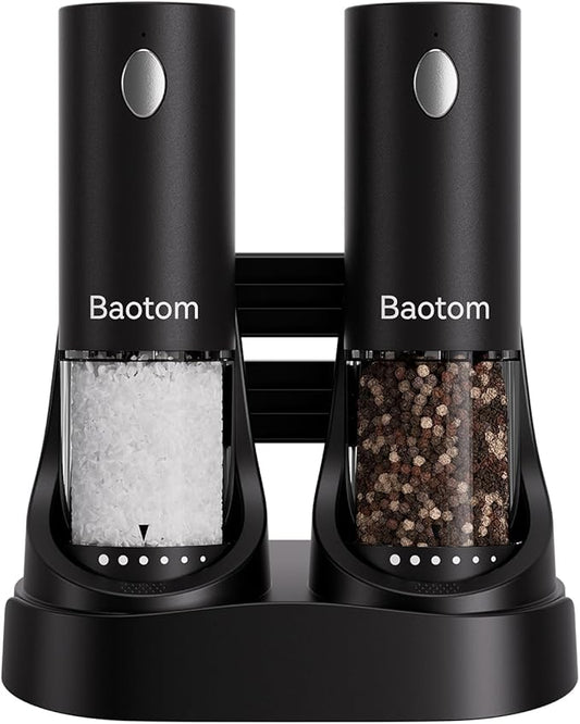 Electric Salt and Pepper Grinder Set with Dual Charging Base, 6 Adjustable Coarseness Levels & External Grind Settings, One-handed Operation Salt and Pepper Mills with LED Light,Black