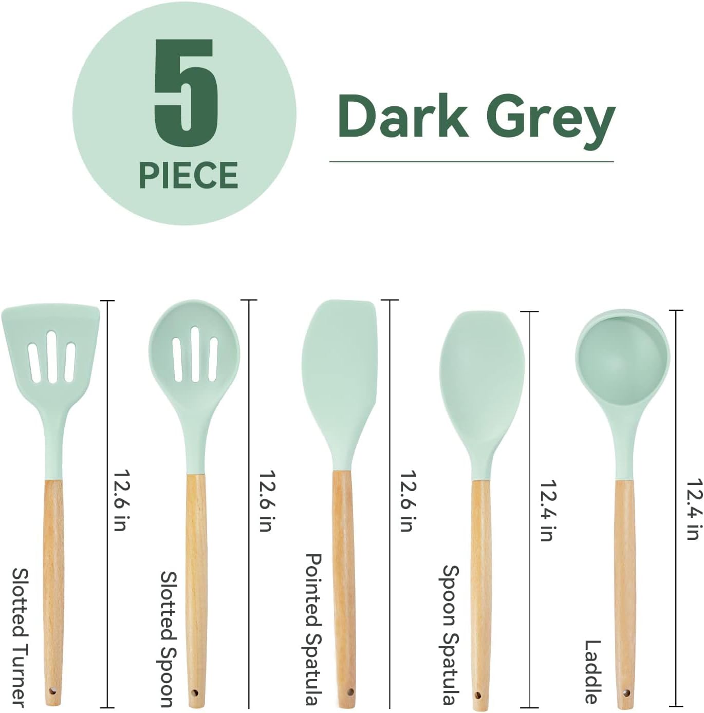 Kitchen Utensils Set, 5 Pcs Non-Stick Silicone Kitchen Cooking Utensils with Wooden Handle, Kitchen Spatula Cookware Utensils Set, Heat Resistant Silicone Kitchen Gadgets (Light Green)