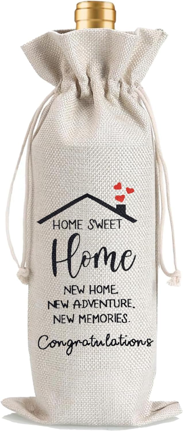 Julont 1Pcs Housewarming Gifts New Home Wine Bag,Perfect Gifts for New Homeowners, Realtor Gift to Clients,New Home Wine Bag For Friends, with 1Pcs Kraft Blessing Cards and natural jute rope