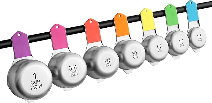 Spring Chef Magnetic Stainless Steel Measuring Cups, Patented, Kitchen Tools with Easy to Read Markings for Measuring Dry or Liquid Ingredients, Set of 7, Neon