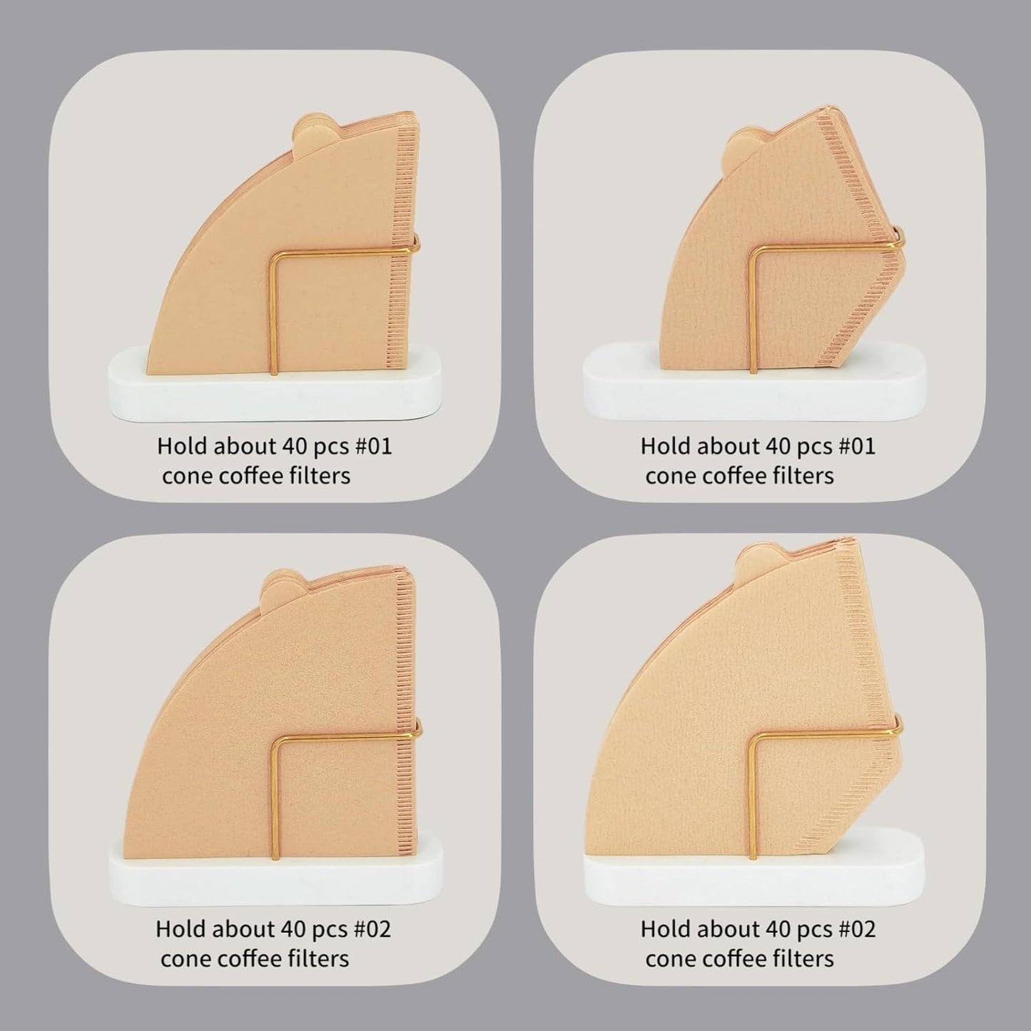 Cone Coffee Filter Holder for Counter, Coffee Filter Storage Container for Cone Paper Filters Size #01 ＆ #02, Marble Base with Non-Slip Pad (White)