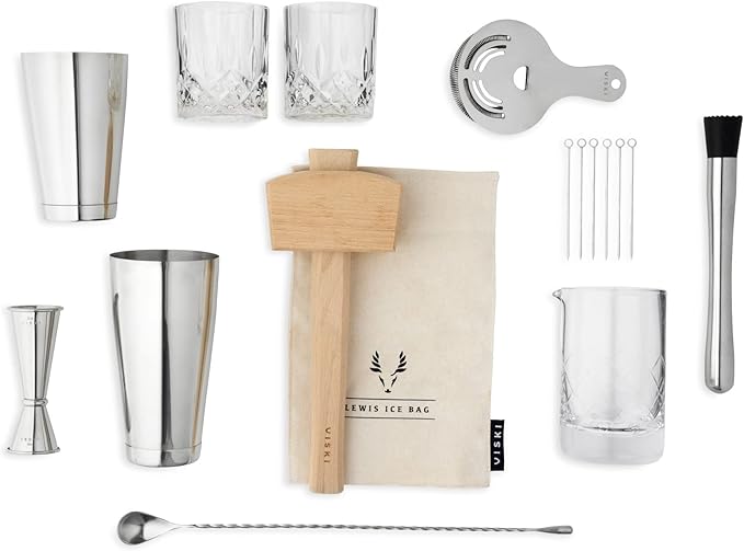 Viski Bartender Kit and Barware Set Includes Boston Cocktail Shakers, Mixing Glass, Jigger, Muddler, Strainer, Bar Spoon, Whiskey Glasses, Ice Bag, Mallet, and Cocktail Picks, Home Bar Gifts, 17-Piece