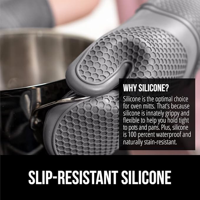 GORILLA GRIP BPA-Free Soft Silicone Oven Mitts, Heat Resistant and Waterproof Cooking Gloves, Thick Cotton Lining, Flexible Gripping for Baking Grilling, Kitchen Potholders Set of 2, 12.5x8.3, Gray