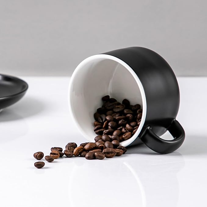 Black Tea Cups and Saucers Set of 4 Porcelain Tea Cups 6.76oz for Tea, Espresso, Latte - Porcelain Mugs for Kitchen or Cafe (black)