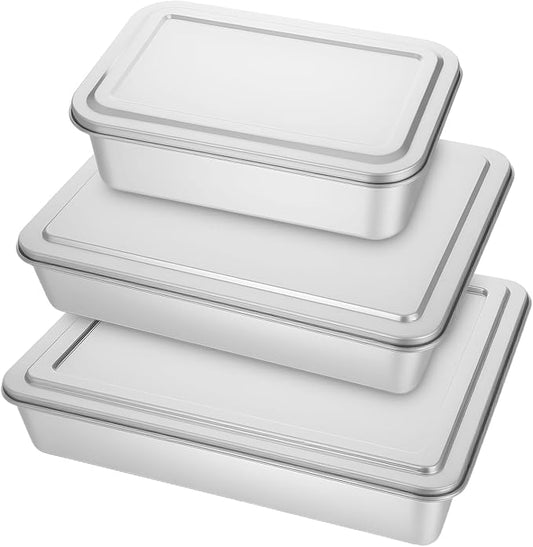 3 Set Stainless Steel Cake Pan with Lid, 13/11/9 Inch Rectangle Cake Pans Sets with Covers Baking Bakeware for Bread Fish Meat Vegetables, Non-Stick, Mirror Finish, Dishwasher Safe