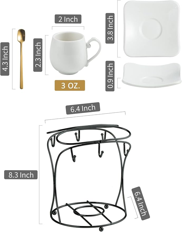 LYEOBOH Espresso Cups with Saucers Set, Porcelain Coffee Cups and Metal Stand and Spoons, Small Demitasse Cups for Espresso, Latte, Cafe Mocha, Cappuccino, and Tea, 3 OZ, Set of 6, White