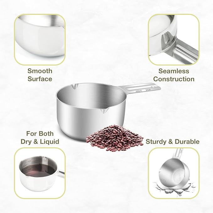 1PCS 2Cup (480ml, 16oz) Single Measuring Cup, Etched Inner Scale Stainless Steel Measure Scoop, Metric and US Measurement, Dishwasher Safe