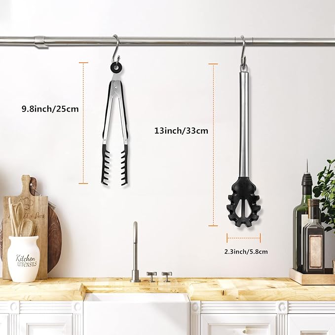 2 Pieces Spaghetti Spoon and Pasta Tong,Non-stick 13 Inch Silicone Spaghetti Fork and 9.8 Inch Stainless Steel Handle Spaghetti Tong Food Clip for Spaghetti Noodle (Black)