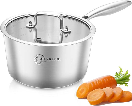 LOLYKITCH Tri-Ply Stainless Steel 2.5 QT Saucepan with Lid,Dia.18CM Induction Cooking Sauce Pot,Oven and Dishwasher Safe,Detachable Handle.