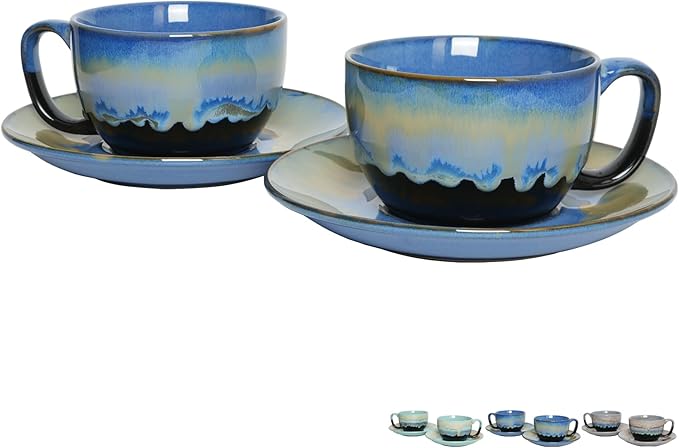 Bosmarlin Ceramic Cappuccino Cup and Saucer Set of 2, 10 Oz, Dishwasher and Microwave Safe, Coffee Cups for Latte, Espresso, Tea, Reavtive Glaze (Blue, 10 oz)