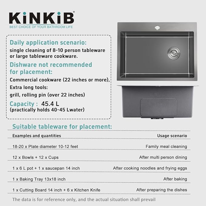 24 inch Drop-in Black Kitchen Sink Single Bowl, Topmount Kitchen Sink with Protective Bottom Grid, Overmount 304 Stainless Steel Kitchen Bar Sink Handmade with Basket Strainer, 24×18×9 inch