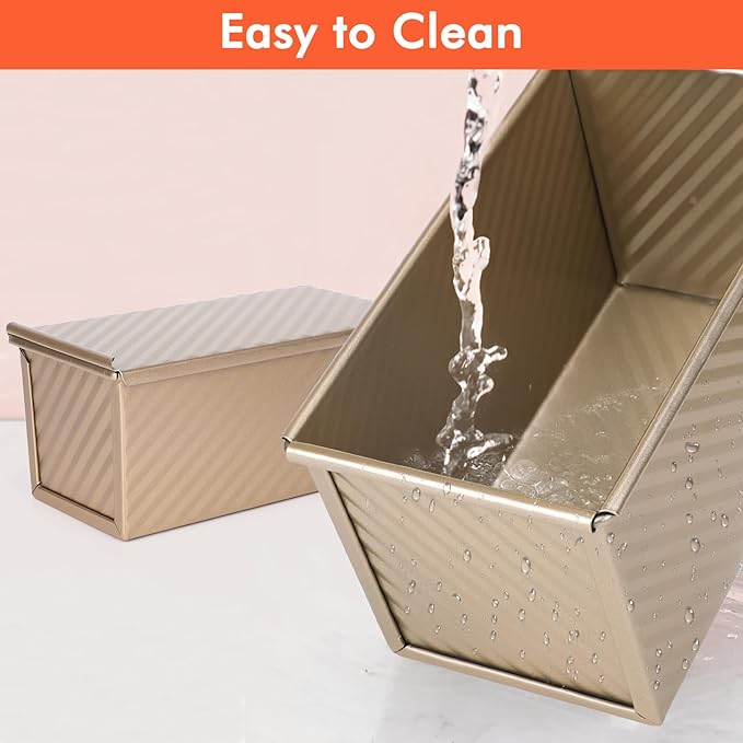 Beasea Pullman Loaf Pan with Lid, 2 Pack Non-Stick Bread Loaf Pans 1 lb & 0.5 lb Carbon Steel Bread Toast Box with Dough Scraper for Homemade Bread Toast Oven Baking - Gold