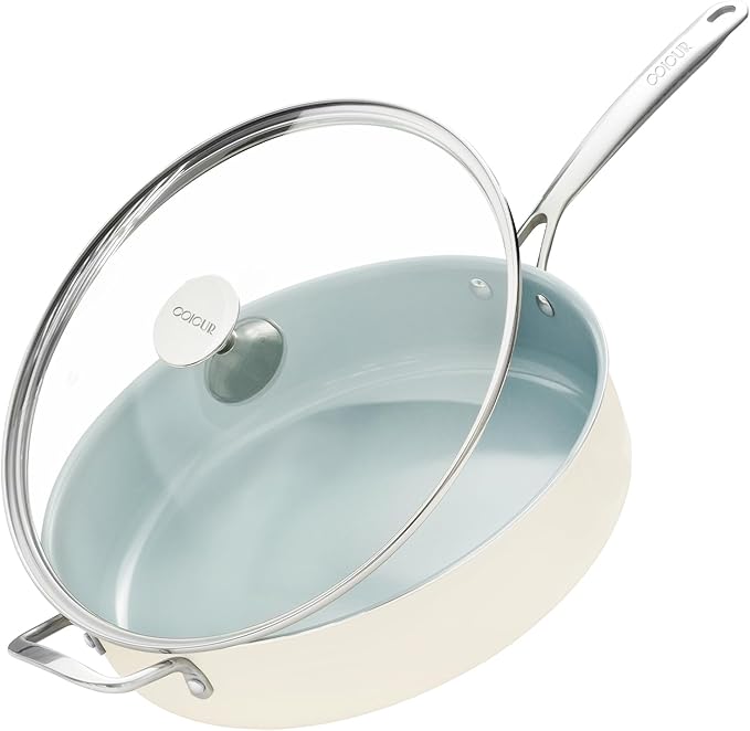 Nonstick Sauté Pan with Lid 5 QT Deep Frying Pan with Stainless Steel Helper Handle 12 inch Large Skillet Ceramic Jumbo Cooker for Healthy Cooking, Induction Compatible Cookware, PFOA Free