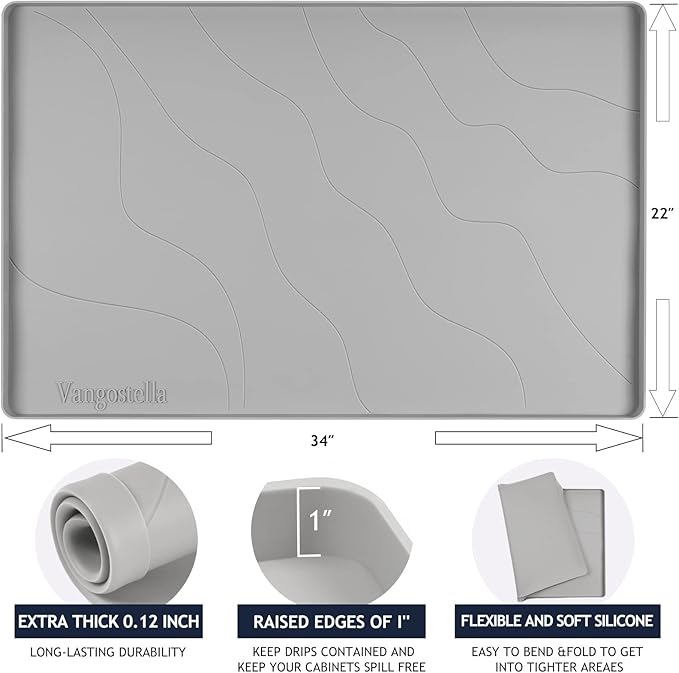 Premium Under Sink Mat for Kitchen - Waterproof 34" x 22", Extra Thick Non-Slip Silicone Liner with Raised Edge - Prevents Drips, Leaks, Spills - Grey
