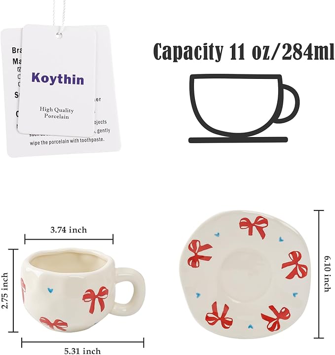 Koythin Ceramic Coffee Mug with Saucer Set, Cute Red Big Bow Cup Unique for Office and Home, 10 oz/300 ml for Latte Tea Milk