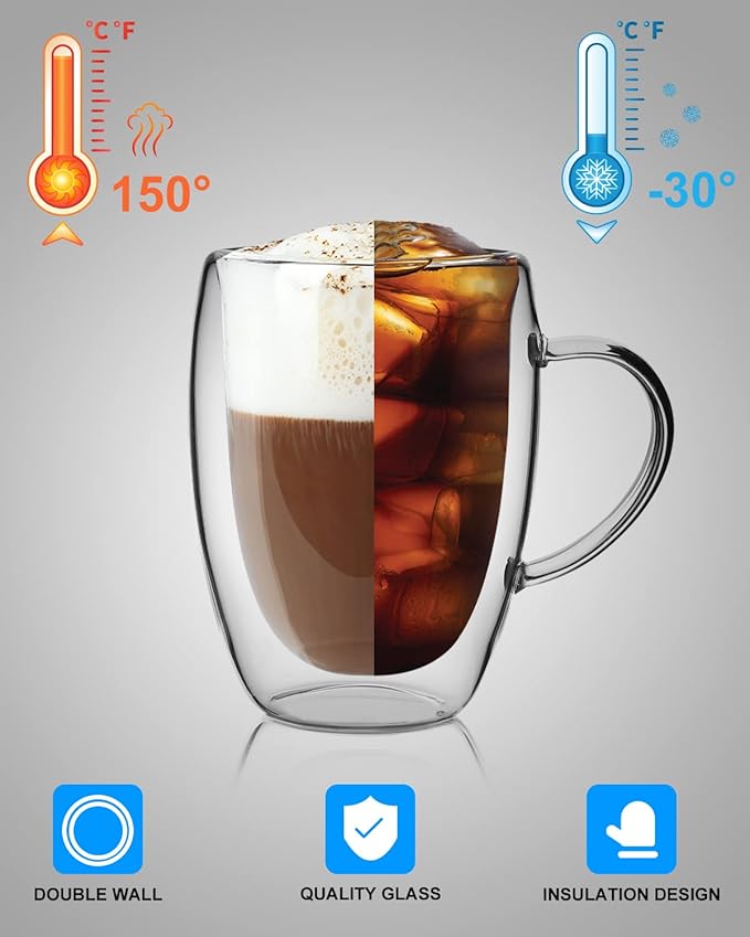 LIBWYS 2 Pack Double Walled Coffee Cups Glasses Mugs, 12oz Espresso Cappuccino Latte Tea Cups with Handle, Heat Resistant Borosilicate Clear Glasses 350ml