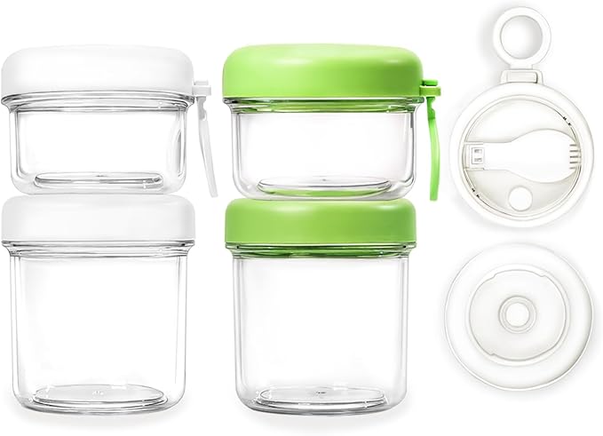 2 Pack Overnight Oats Containers with Lids, Folding Spoons 26 oz Plastic Mason Jars Containers with Lids Portable Cereal and Milk Container on The Go (White and green Oatmeal Cup)