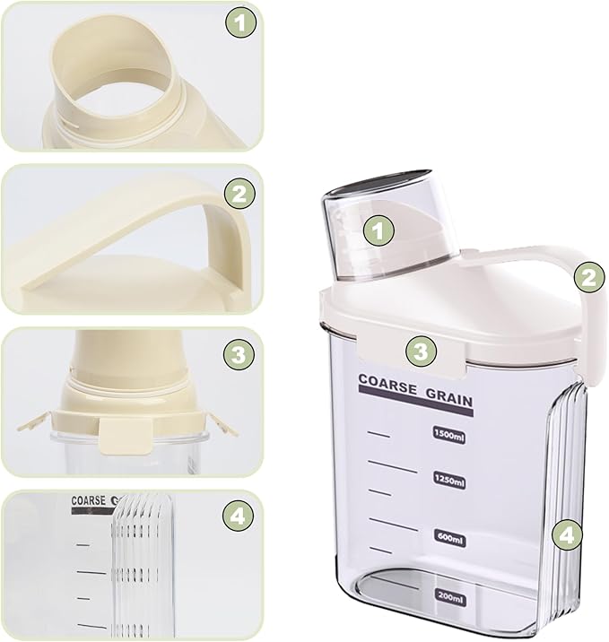 1 PCS Airtight Dry Food Container, Clear BPA-Free Plastic Cereal Containers Storage for Kitchen Pantry, Rice Cereal Flour Holder with Pouring Spout Measuring Cup, White, 51fl.oz/1.5L