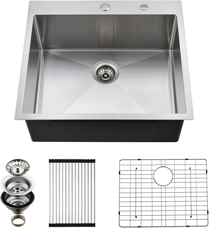 Drop In Kitchen Sink, 25 x 22 x 10 Inch 16 Gauge Single Bowl Topmount Sink T-304 Stainless Steel Kitchen Sinks with Accessories