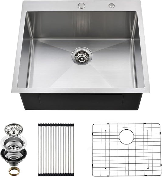 Drop In Kitchen Sink, 25 x 22 x 10 Inch 16 Gauge Single Bowl Topmount Sink T-304 Stainless Steel Kitchen Sinks with Accessories
