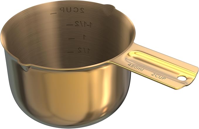Color Up 2 Cup Measuring Cup, 480ml Gold Stainless Steel Metal Measuring Scoop, Easy-Pour Spouts, Engraved Markings, for Dry & Liquid Ingredients