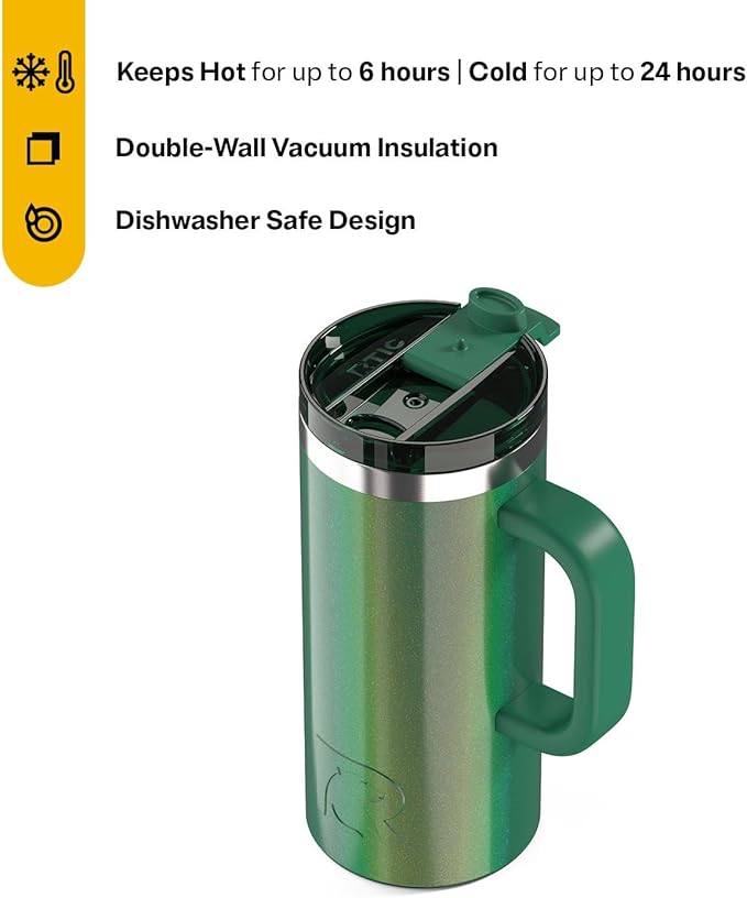 RTIC 16oz Road Trip Travel Mug with Lid and Handle, Ceramic Lined, Insulated, Stainless Steel, Metal, Double Wall Vacuum-Insulation, Portable Coffee, Tea Cup for Hot and Cold Drink, Pine Tree Glitter