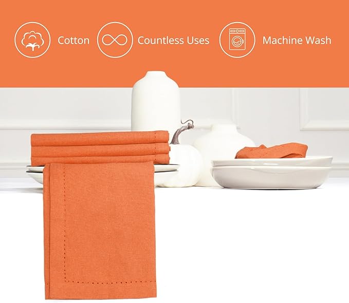 PurpleEssences Set of 12 Hemstitch Cloth Dinner Napkins 100% Cotton - Soft Durable Washable - Ideal for Wedding Christmas Holiday Winter - Perfect Everyday Use Table Linen 18x18 - Orange
