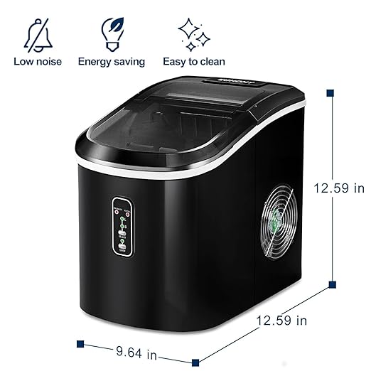 Euhomy Ice Maker Countertop, 26 lbs/24H, 9 Cubes Ready in 6 Mins, Self-Cleaning, Compact Potable Ice Maker with Ice Scoop and Basket for Home/Kitchen/Office.(Black)