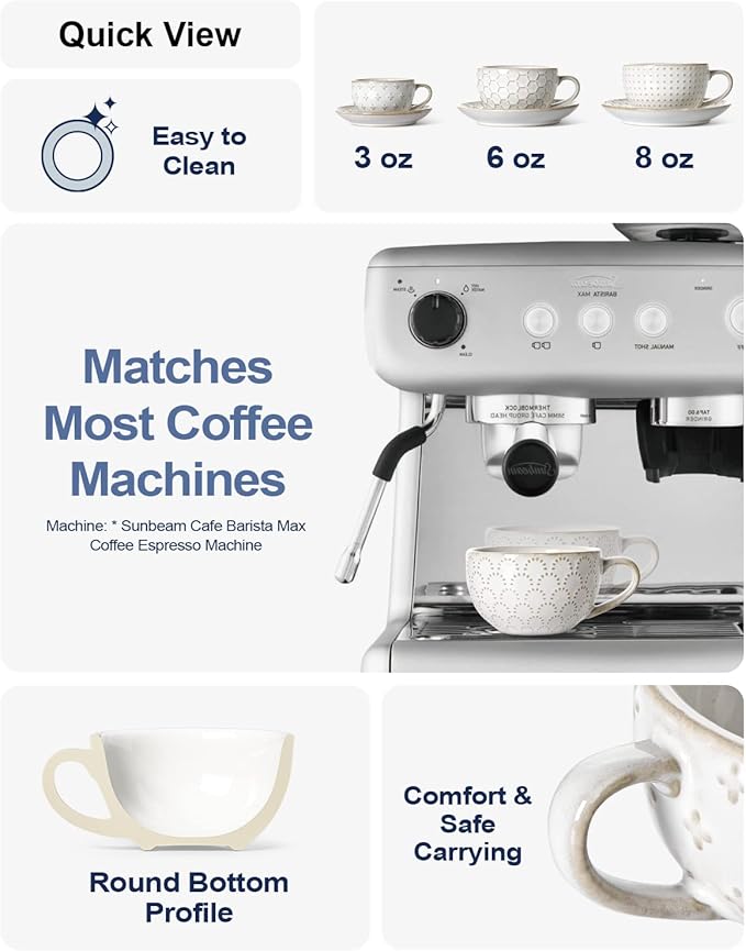 LE TAUCI Espresso Cups with Saucers 3 oz, Ceramic Embossment Coffee Cup for Double shot, Lungo, Ristretto,Dishwasher Safe - Set of 4, Arctic white