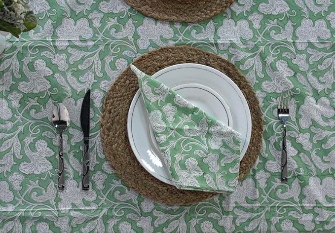 Ridhi Sage Green Hand Block Print Cotton Rectangle Tablecloth 108 X 60 inch-Reusable Table Cover Decorative Everyday Use for Dining Room, Farmhouse, Thanksgiving, Christmas Wedding, Fall