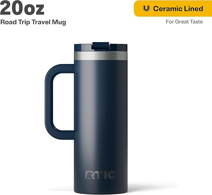 RTIC 20oz Road Trip Travel Mug with Lid and Handle, Ceramic Lined, Insulated, Stainless Steel, Metal, Double Wall Vacuum-Insulation, Portable Coffee, Tea Cup for Hot and Cold Drink, Navy