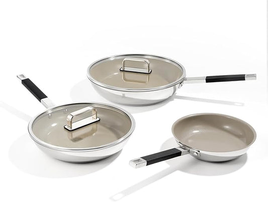 ROYDX Stainless Steel Fry Pan Set Titanium Ceramic Non Stick Frying Pan with Lid 8", 10" and 12" Oil Gather Pro Non Stick Skillets with Stay-Cool Handle PFOA Free, Compatible with All Cooktops