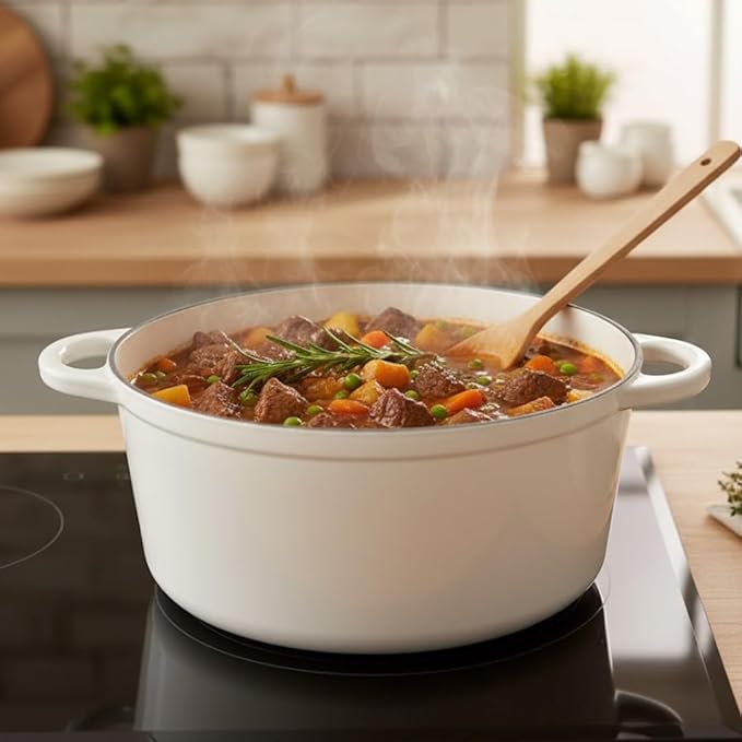 Hamilton Beach 5.5-Quart Enameled Cast Iron Dutch Oven Pot with Lid, Cream