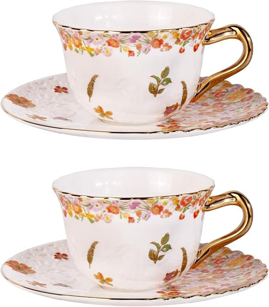 KAMMAK Tea Cups and Saucers Set of 2, Reinforced Porcelain Coffee Cups, 8.5-Ounce Stackable Espresso Mugs, Ceramic Demitasse for Coffee, Cappuccino, Latte, Americano, Tea, Secret Flourish