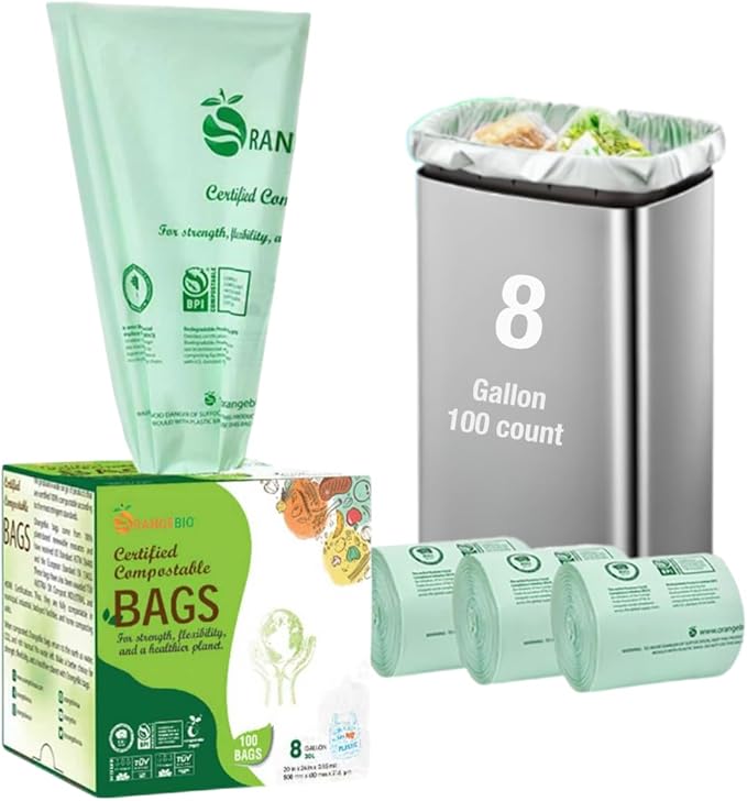 OrangeBio 6~8 Gallon Compostable Trash Bags, 100 Count, Plant-Based Garbage Bags for Kitchen, Bathroom, Office & Food Waste – Durable, Leak-Proof, ASTM D6400 & BPI Certified