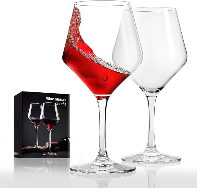 Hand-Blown Crystal Wine Glasses Set of 2, 16OZ, Long Stem Glasses for Red and White Wine, Christmas and Wedding Gifts (2)