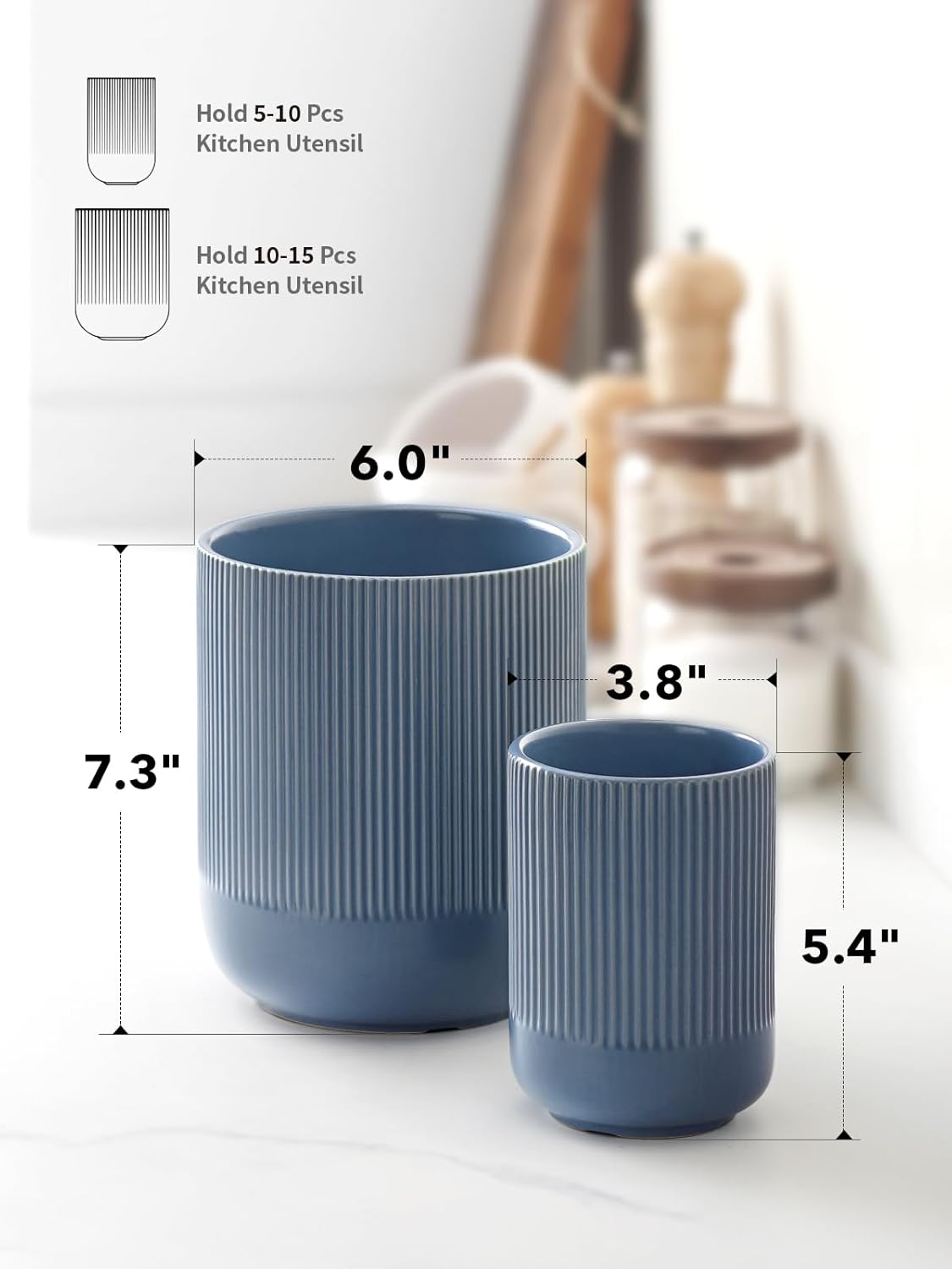 LE TAUCI Utensil Holder, 7.3"+5.4" Ceramic Kitchen Utensil Holder for Countertop, Large Cooking Utensil Crocks for Kitchen Counter, Modern Utensil Organizer for Spatula, Set of 2, Dusty Blue