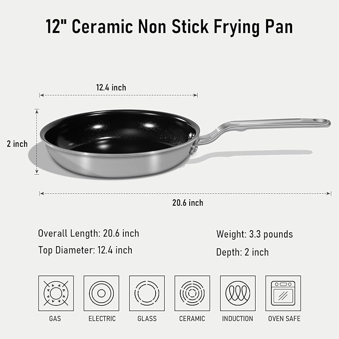 12 Inch Ceramic Non Stick Frying Pans - 5 Ply Stainless Clad Nonstick Skillet, Toxic, PTFE & PFOA FREE, Professional Cookware for Induction, All Stoves and Oven up to 650°F