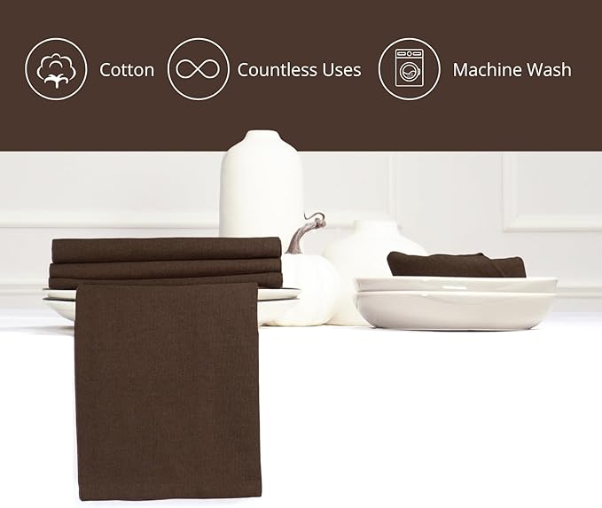 PurpleEssences Set of 12 Cloth Dinner Napkins 100% Cotton 18x18 Inch - Soft Durable Washable - Ideal for Farmhouse Party Fall Thanksgiving - Perfect Everyday Use Table Linen - Nut Brown