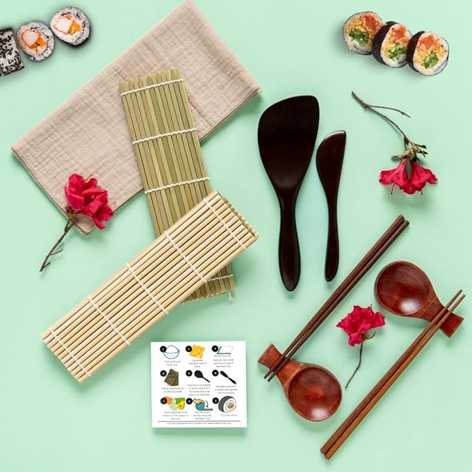 No Plastic Premium Sushi Making Kit for Home, for Beginners or Pro Sushi makers. Made of Premium Wood, includes Tea Cloth, Planet-Friendly, Gift and DIY Home Sushi Kit Experience, Circle Fuji box