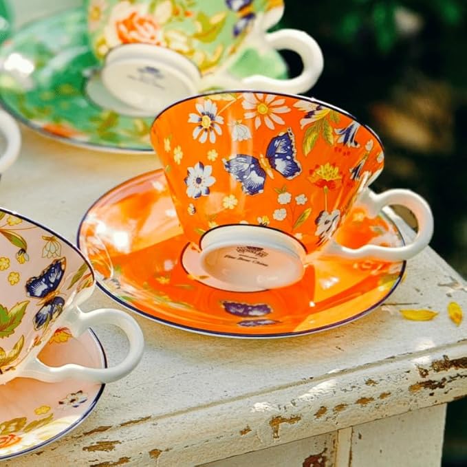 Aynsley Cottage Garden Windsor Fine Bone China English Tea Cup and Saucer Set, 7.4 oz (Orange)