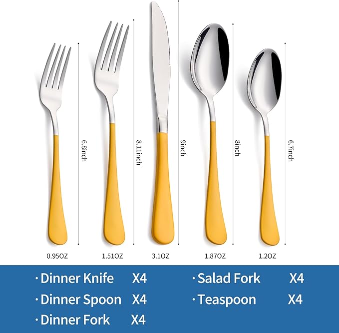 20-Piece yellow Silverware Set, 18/0 Stainless Steel yellow Handle Flatware Set, Service for 4, Modern Cutlery Set Includes Dinner Knives Forks Spoons, Mirror Polished, Dishwasher Safe