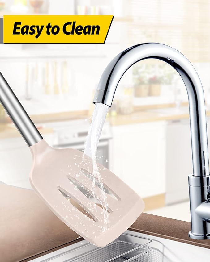 Pack of 2 Silicone Solid Turner, Non Stick Slotted Kitchen Spatulas, High Heat Resistant BPA Free Cooking Utensils, Ideal Cookware for Fish, Eggs, Pancakes(Stainless Steel Khaki)