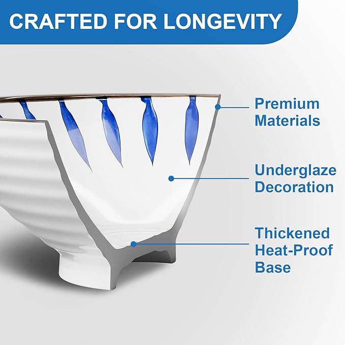 9.4Inch Ceramic Ramen Bowl Set of 4 (17 Piece) - Porcelain Japanese Salad Noodles Cereal Fruit Pasta Soup Large Bowls with Recipes Chopsticks Forks Spoons for Men Women Gift Microwave Dishwasher Safe