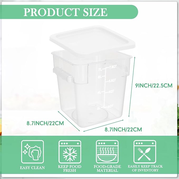 Lallisa 8 Pack 8 Qt Clear Food Storage Container with Handles and Lid Commercial Grade Square Food Storage Containers Polycarbonate Air Tight box for Home Kitchen Restaurant (White)