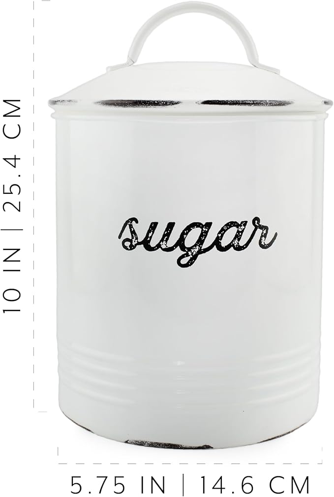 AuldHome Design Enamelware White Sugar Canister; Rustic Distressed Style Staples Storage for Kitchen